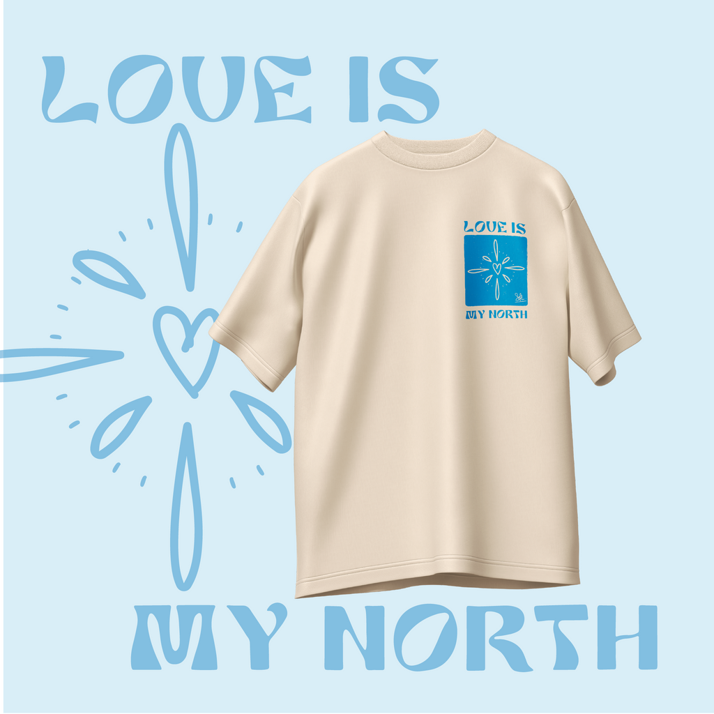 T-shirt_oversize_beige_Love_is_my_north_bleu_design_boussole_Soldiers_of_Love_coton_220g