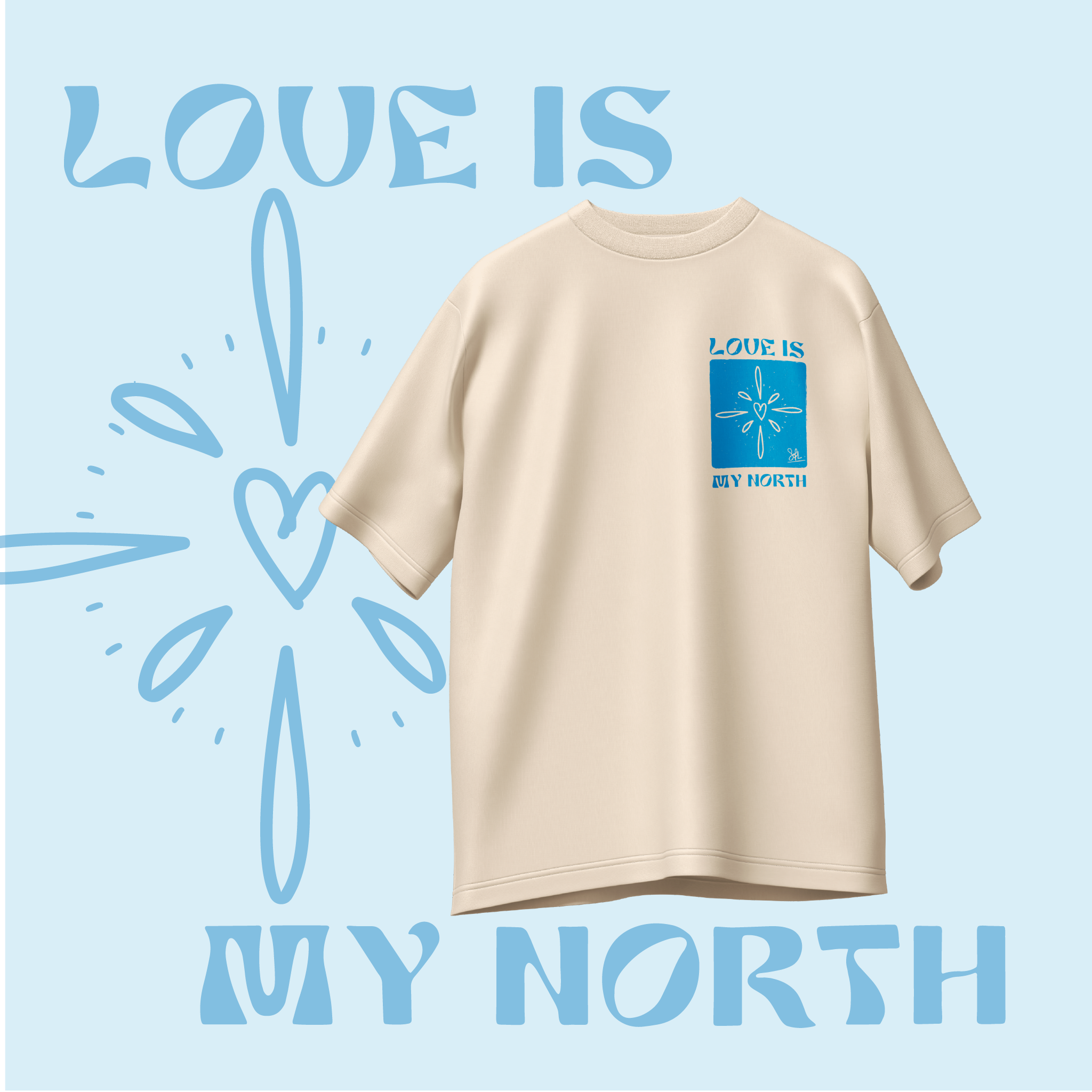 T-shirt_oversize_beige_Love_is_my_north_bleu_design_boussole_Soldiers_of_Love_coton_220g